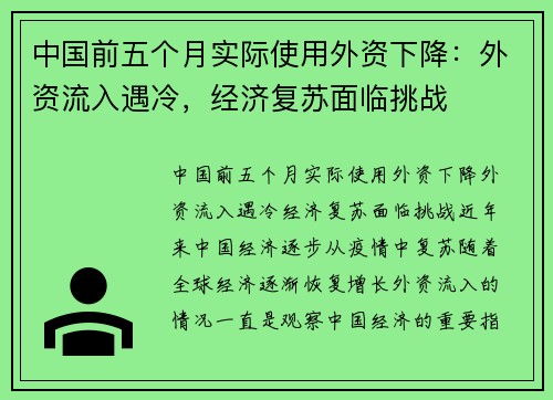 中国前五个月实际使用外资下降：外资流入遇冷，经济复苏面临挑战